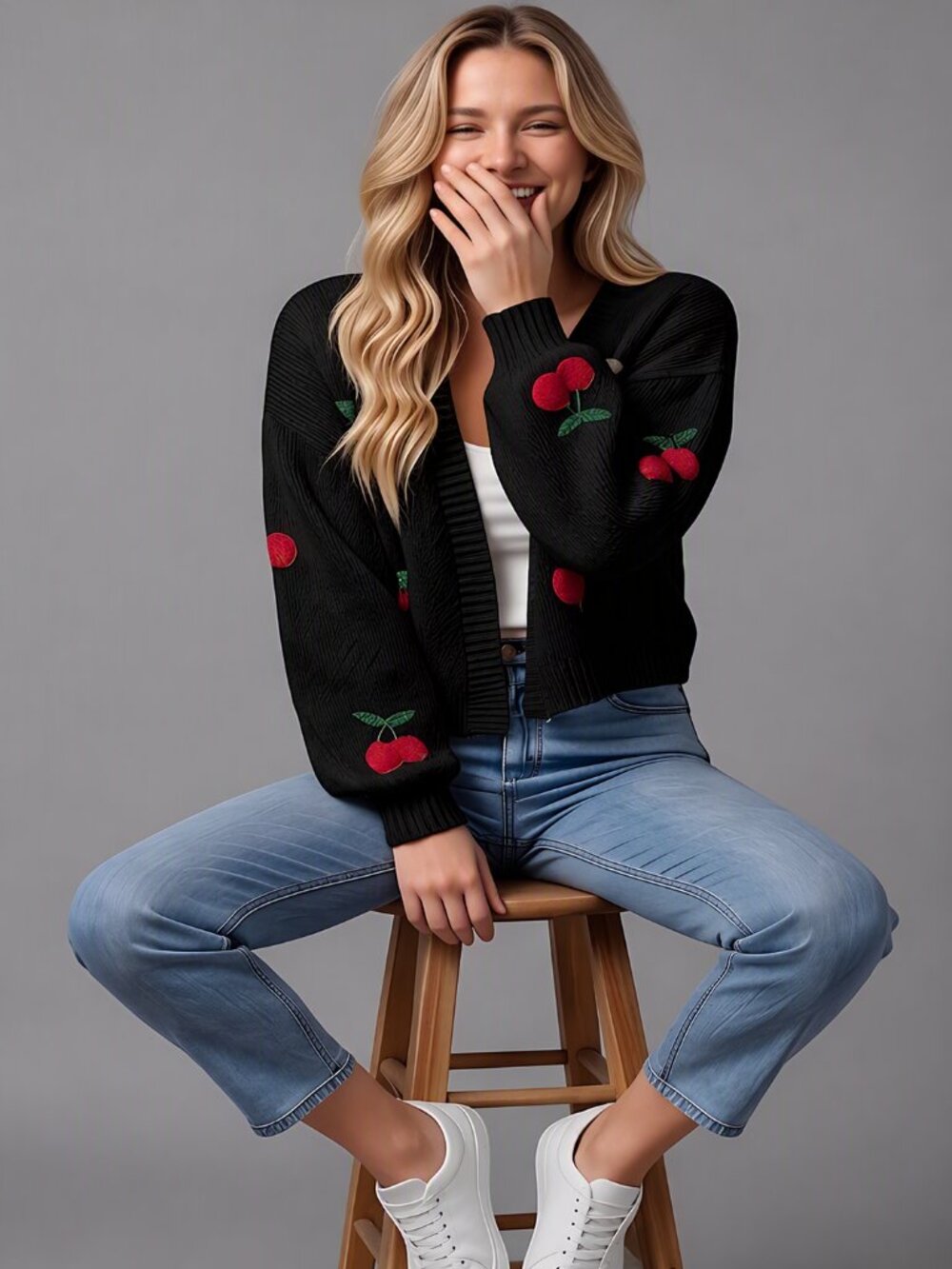 Cherry Embroidery Lantern Sleeve Cardigan Black - Picture 2 of 5